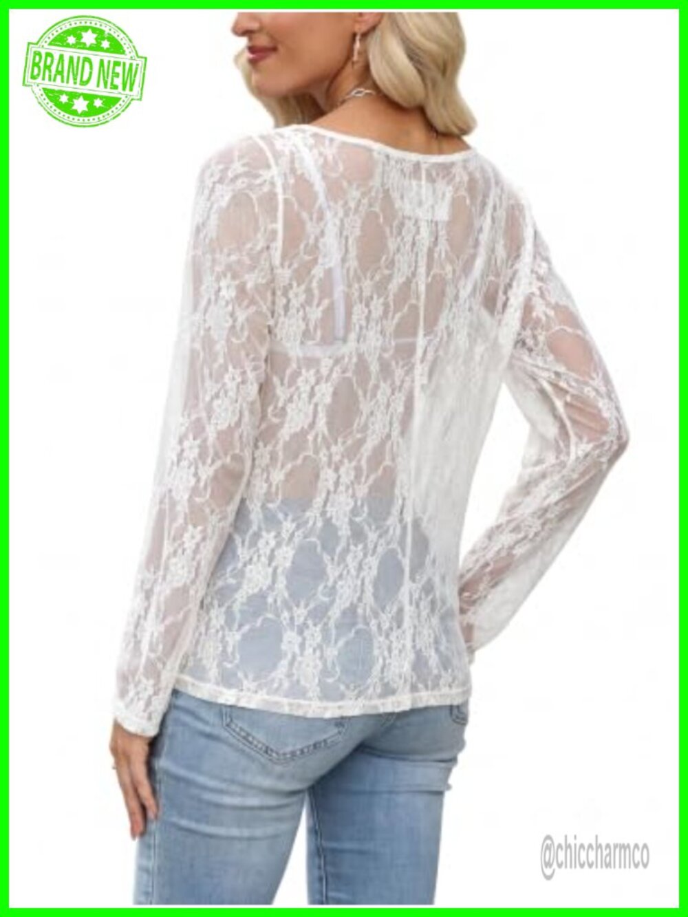 WIHOLL Mesh Lace Top Women Loose Fit Sheer Long Sleeve Layering Shirt - Picture 4 of 6